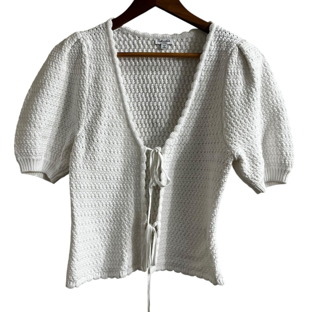 Splendid White Knit Tie Front Puff Sleeve Cardigan Top RS5S28E Small NWOT